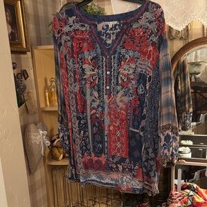 John Mark Red and Blue Patterned Blouse